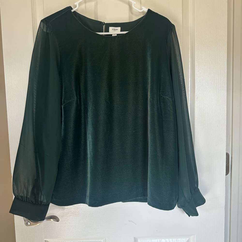 J. Crew dark green  Velvet Blouse with Sheer Sleeves